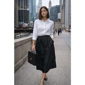 Black Shantung Silk Midi Skirt w/ Pockets Quiet Luxury Minimalist Sz M/L